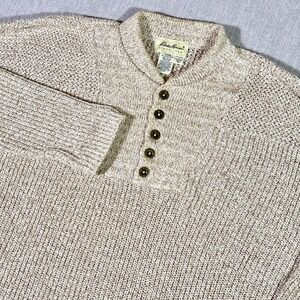 Vintage Eddie Bauer Henley Sweater Mens Large Tall Beige Knit Cotton USA Made